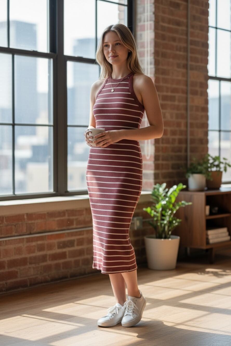 OLD NAVY Dress Size XS Midi Sheath Red Stripe Sleeveless Crew Neck